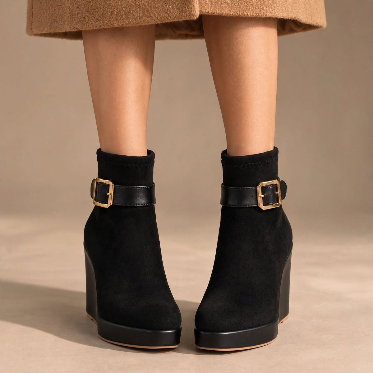The Lucerne Buckle Wedge Bootie – Taupe