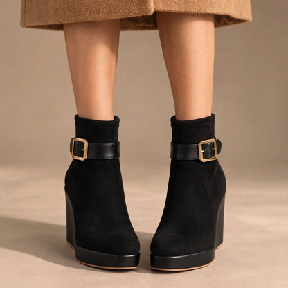 The Lucerne Buckle Wedge Bootie – Taupe