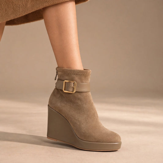 The Lucerne Buckle Wedge Bootie – Taupe