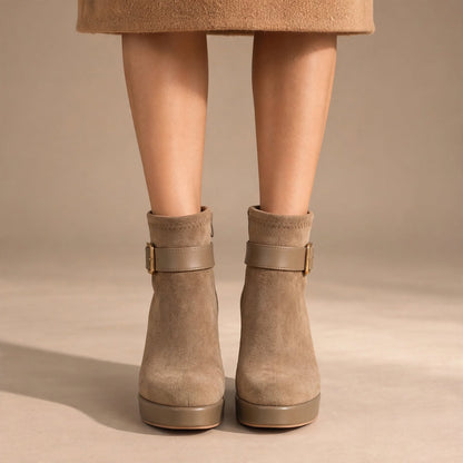 The Lucerne Buckle Wedge Bootie – Taupe