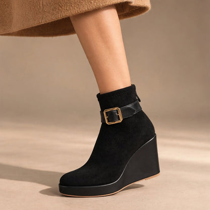 The Lucerne Buckle Wedge Bootie – Taupe