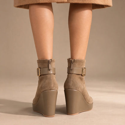 The Lucerne Buckle Wedge Bootie – Taupe