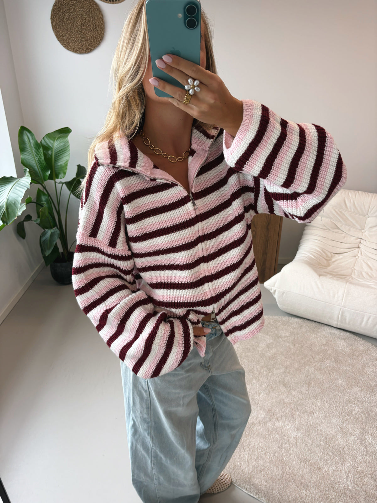 Zip Cardigan - Pink White