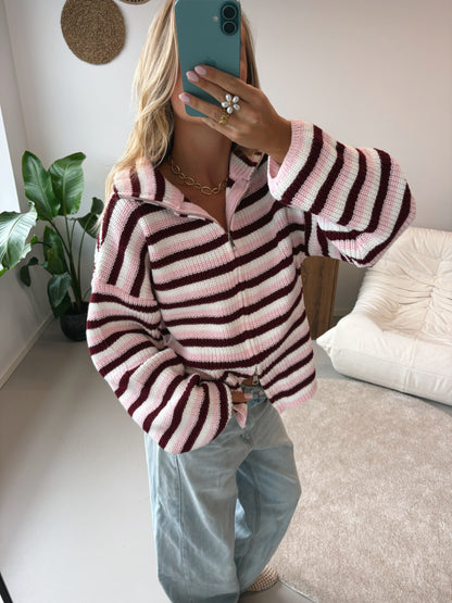 Zip Cardigan - Pink White