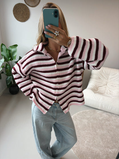 Zip Cardigan - Pink White