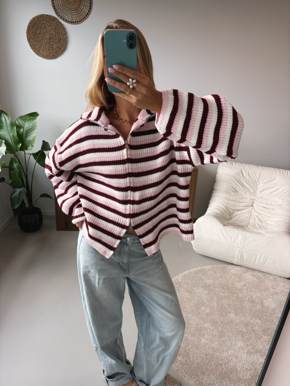 Zip Cardigan - Pink White