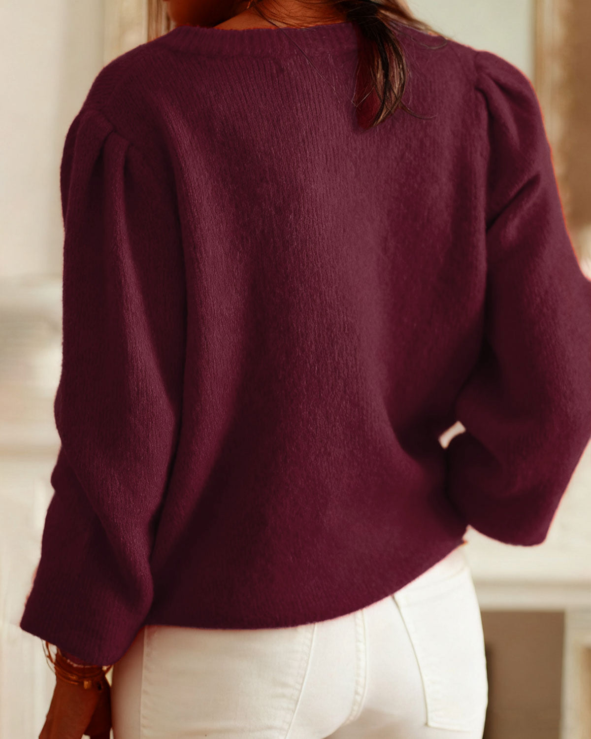 Wine Red Round Neck Casual Knit Cardigan
