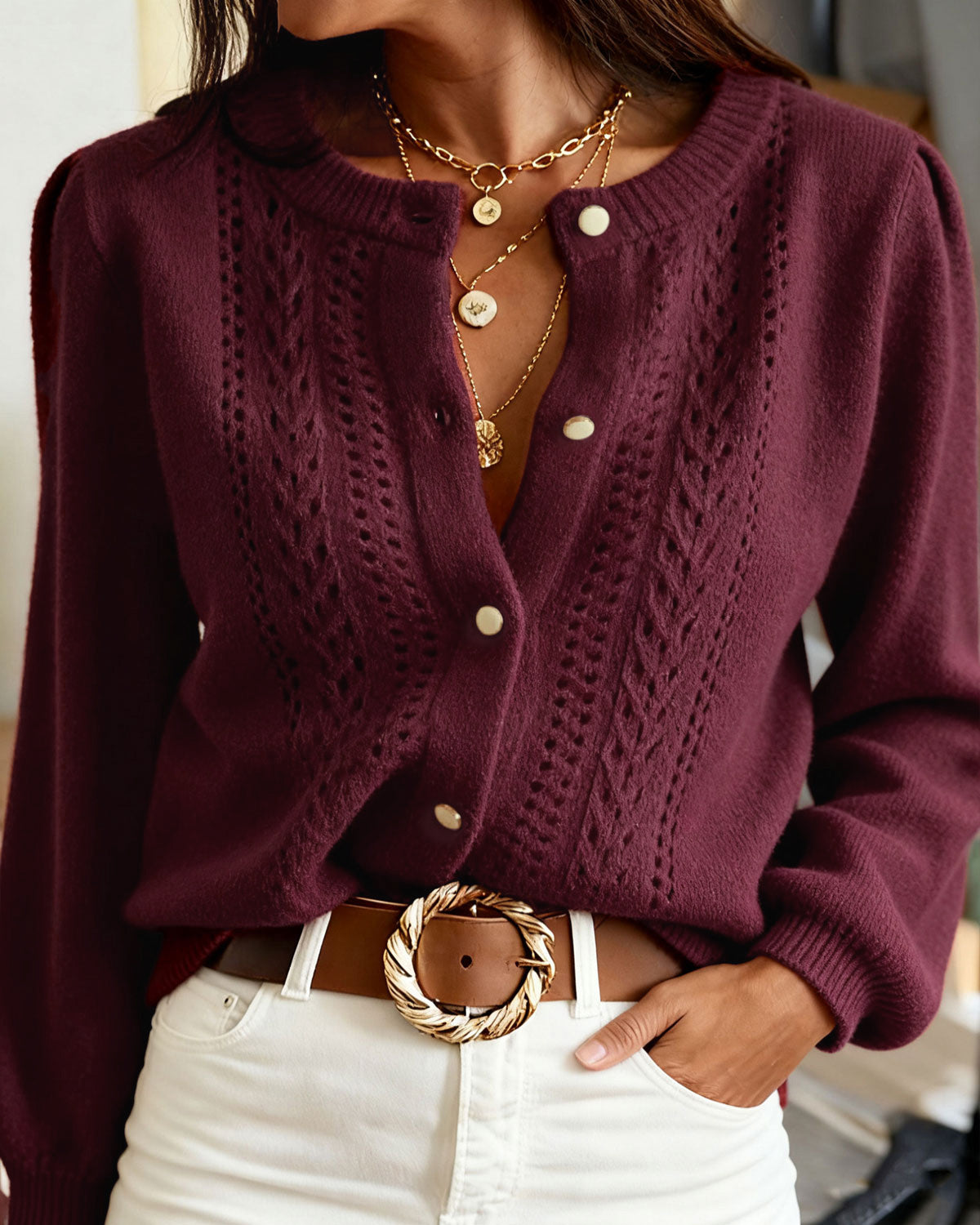 Wine Red Round Neck Casual Knit Cardigan
