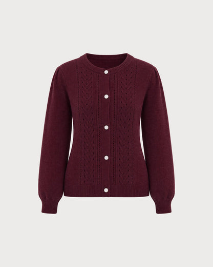Wine Red Round Neck Casual Knit Cardigan