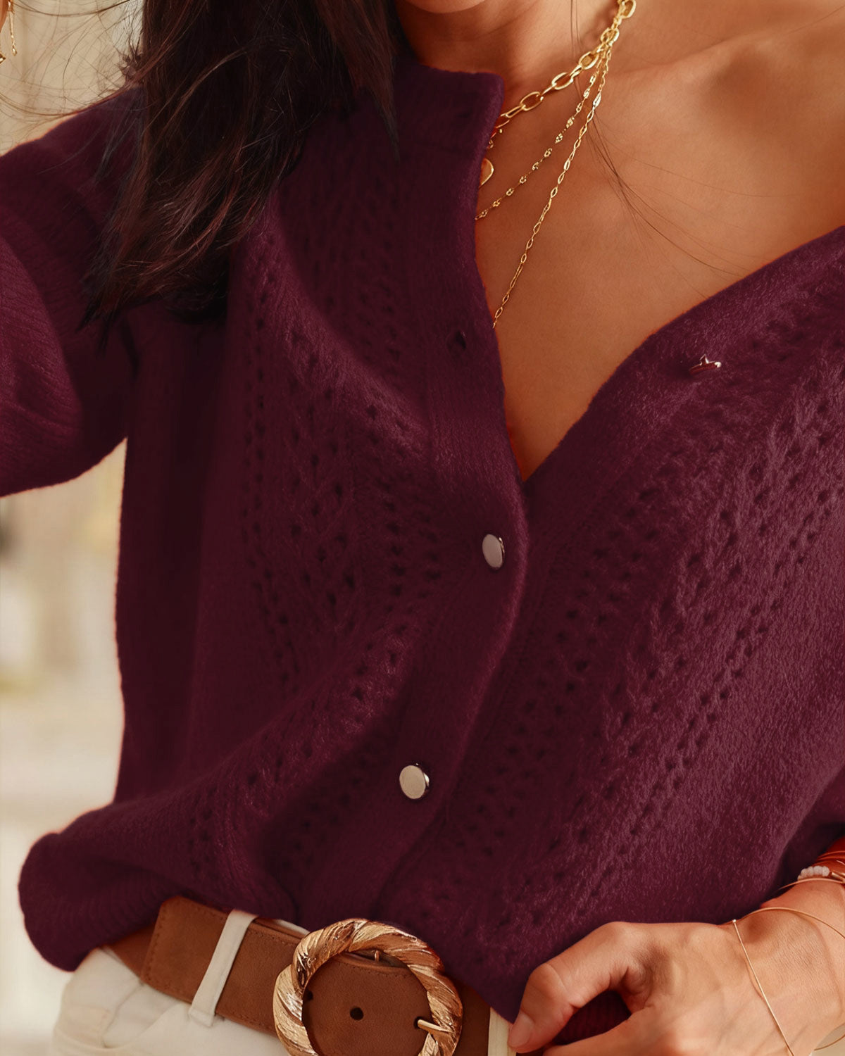 Wine Red Round Neck Casual Knit Cardigan