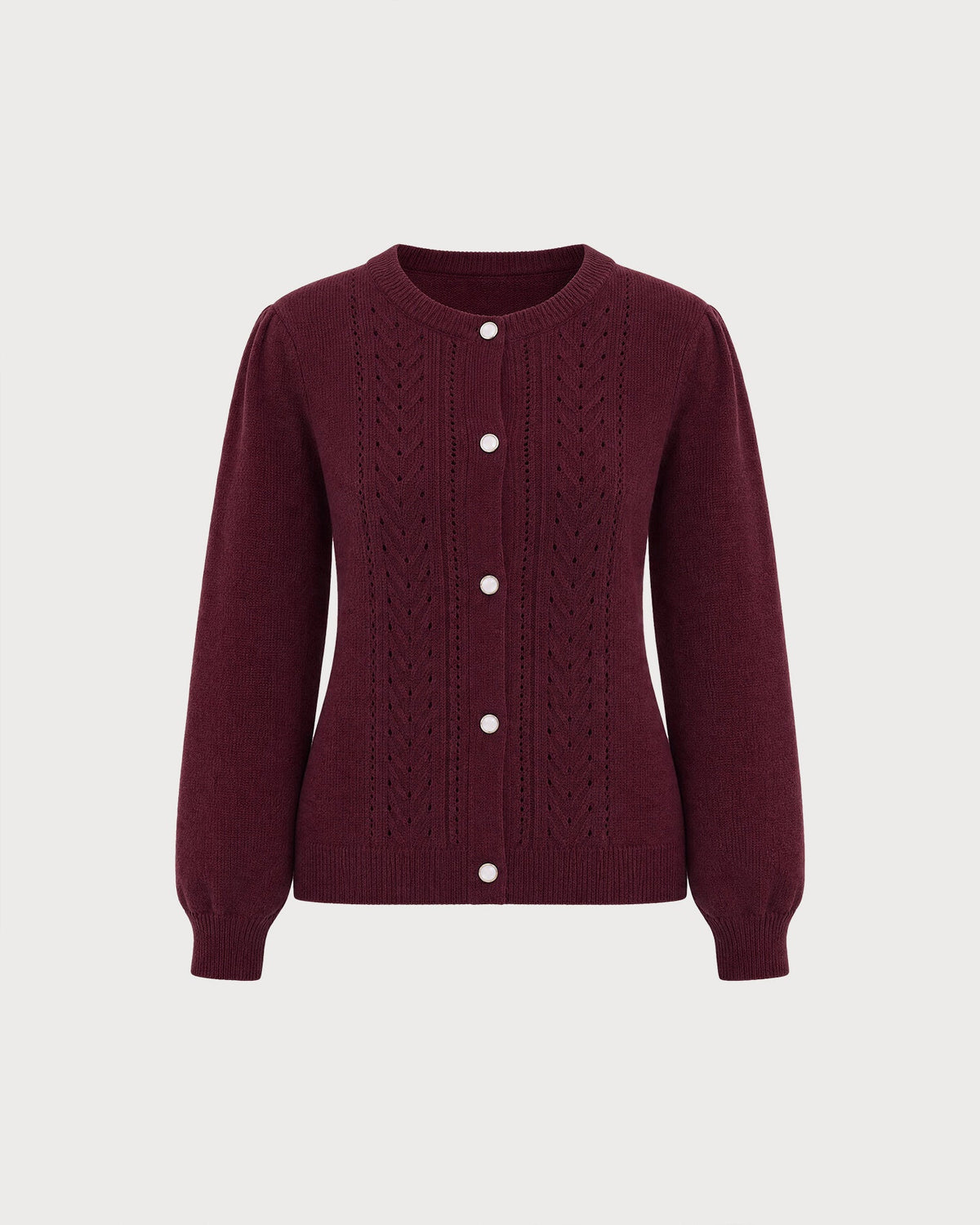 Wine Red Round Neck Casual Knit Cardigan