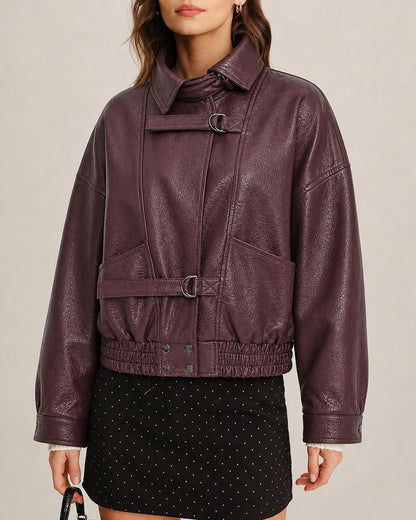 Wine Red PU Leather Pockets Jacket