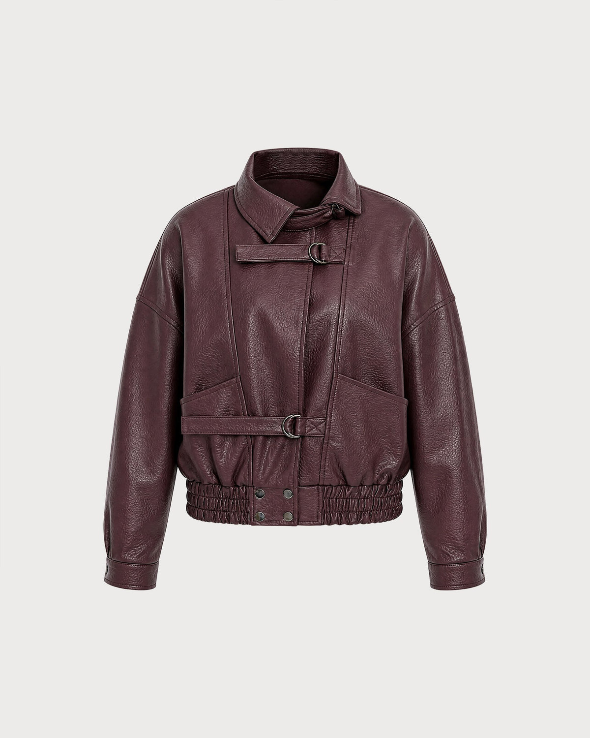 Wine Red PU Leather Pockets Jacket